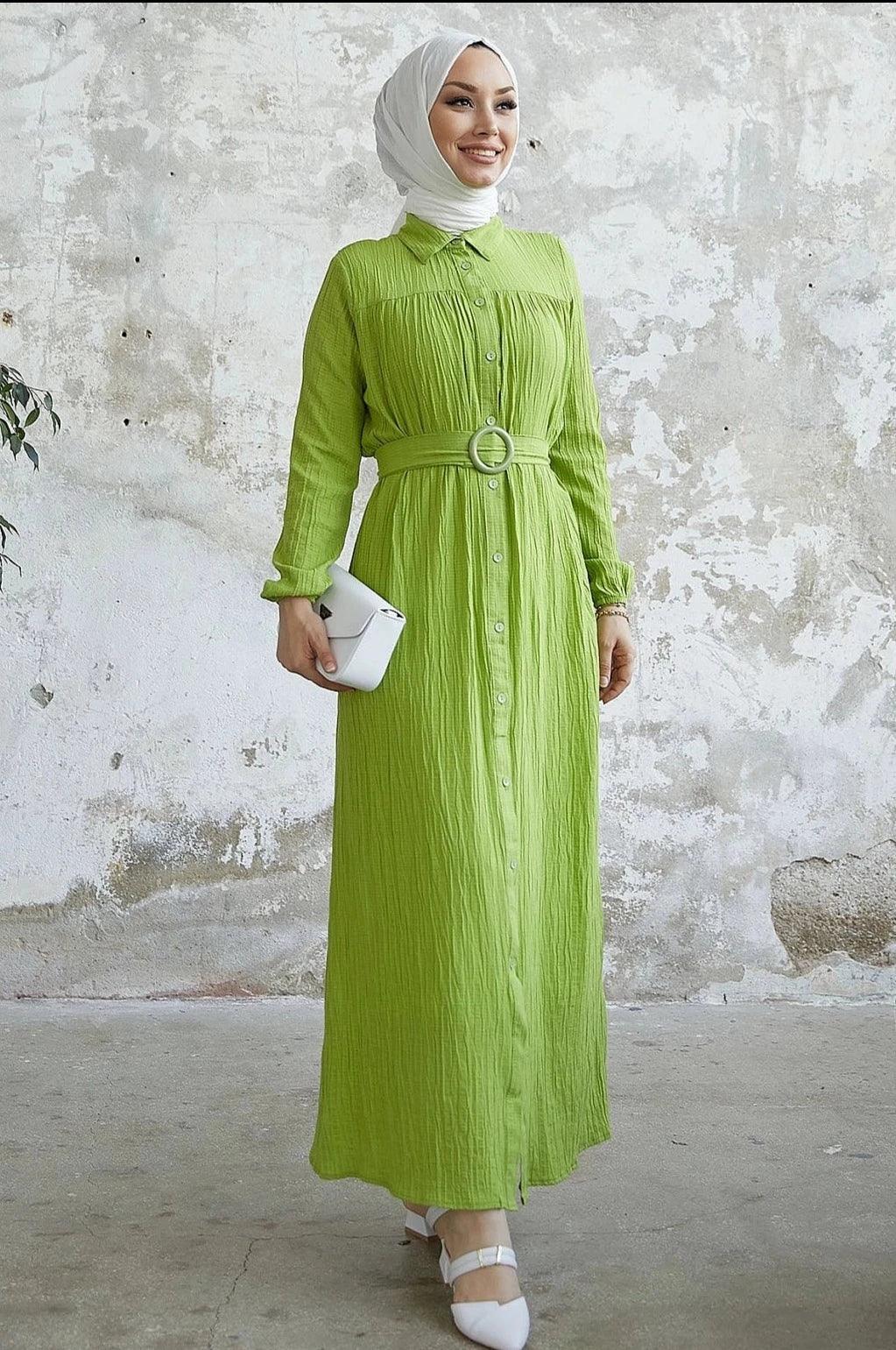 Textured Long Abaya Dress with Belt - Oil Green