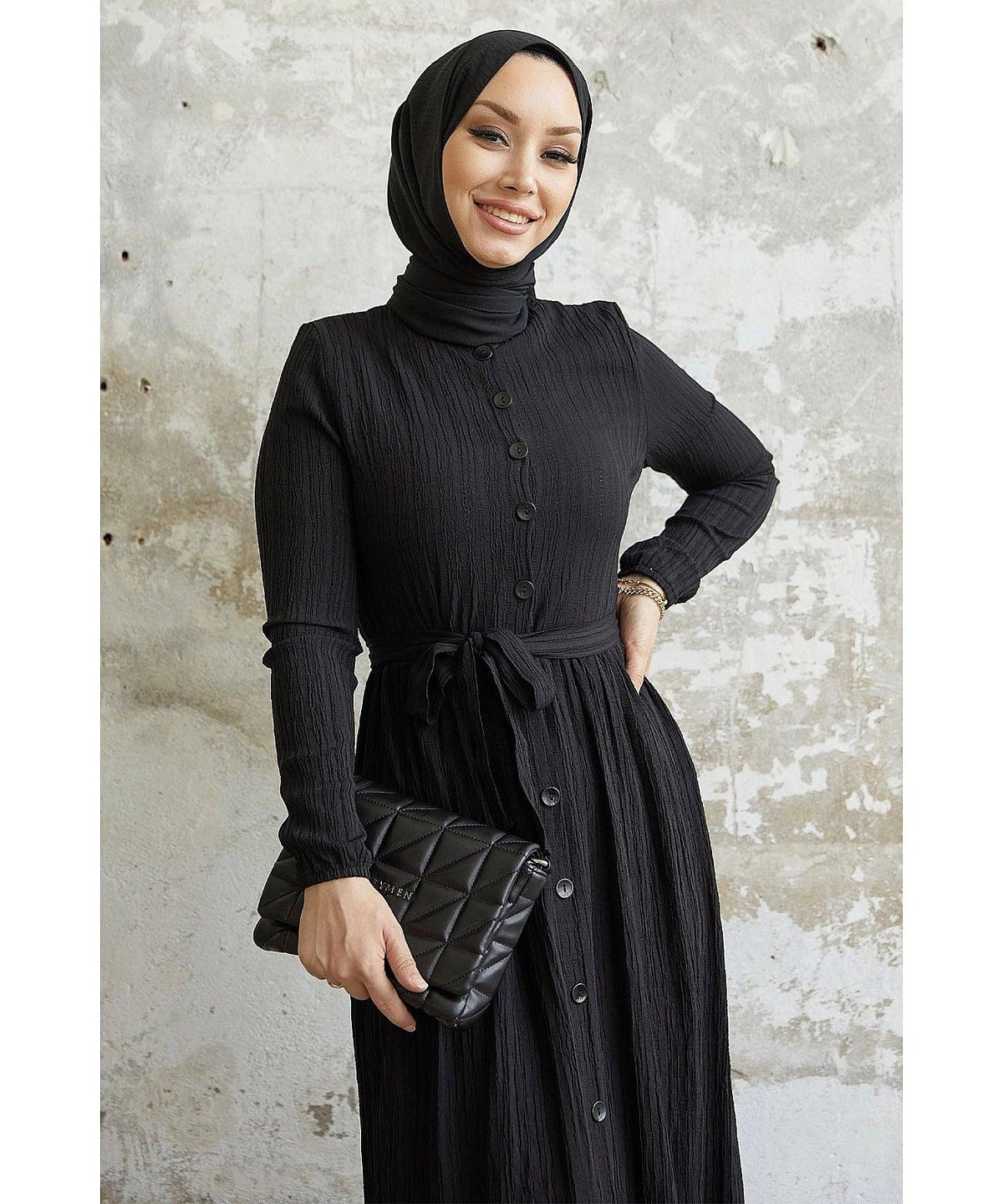 Textured Abaya Dress with Belt and Buttons - Black