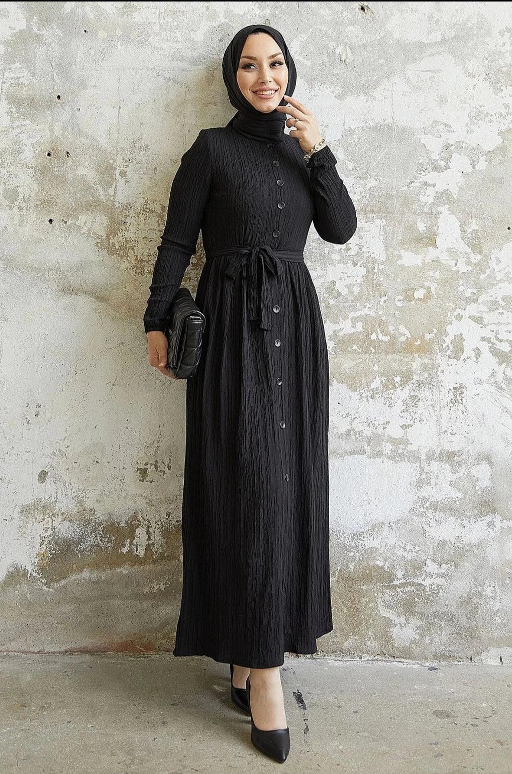 Textured Abaya Dress with Belt and Buttons - Black