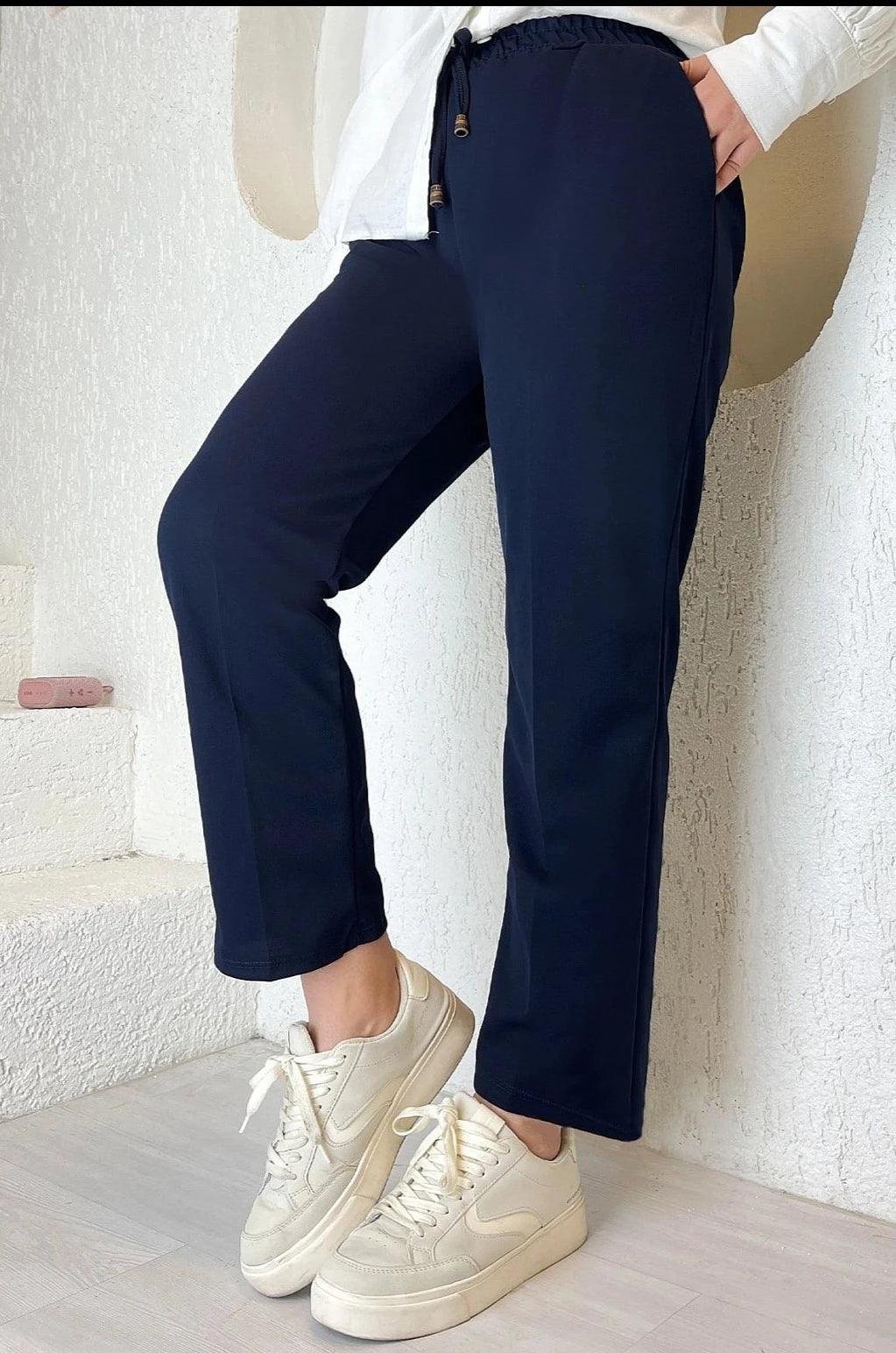 Womens Elastic Waist Double Fabric Pants - Navy Blue