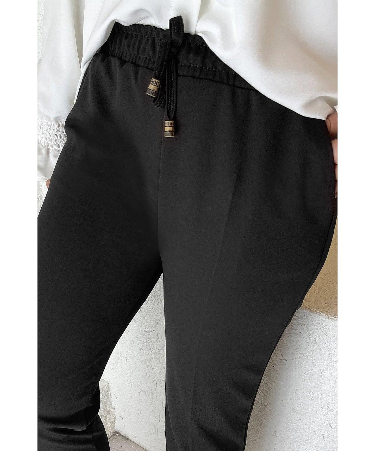 Elastic Waist Double Fabric Pants - Black