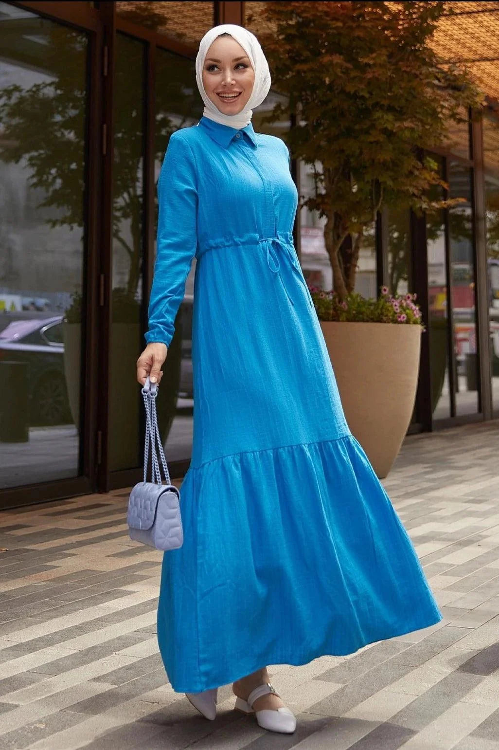 Modest Abaya Dress With Tunnel Belt - Saxe Blue