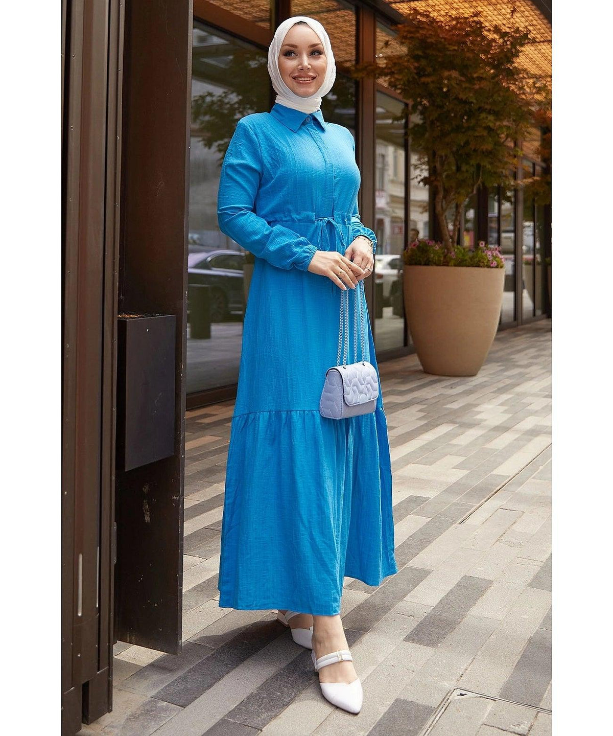 Modest Abaya Dress With Tunnel Belt - Saxe Blue