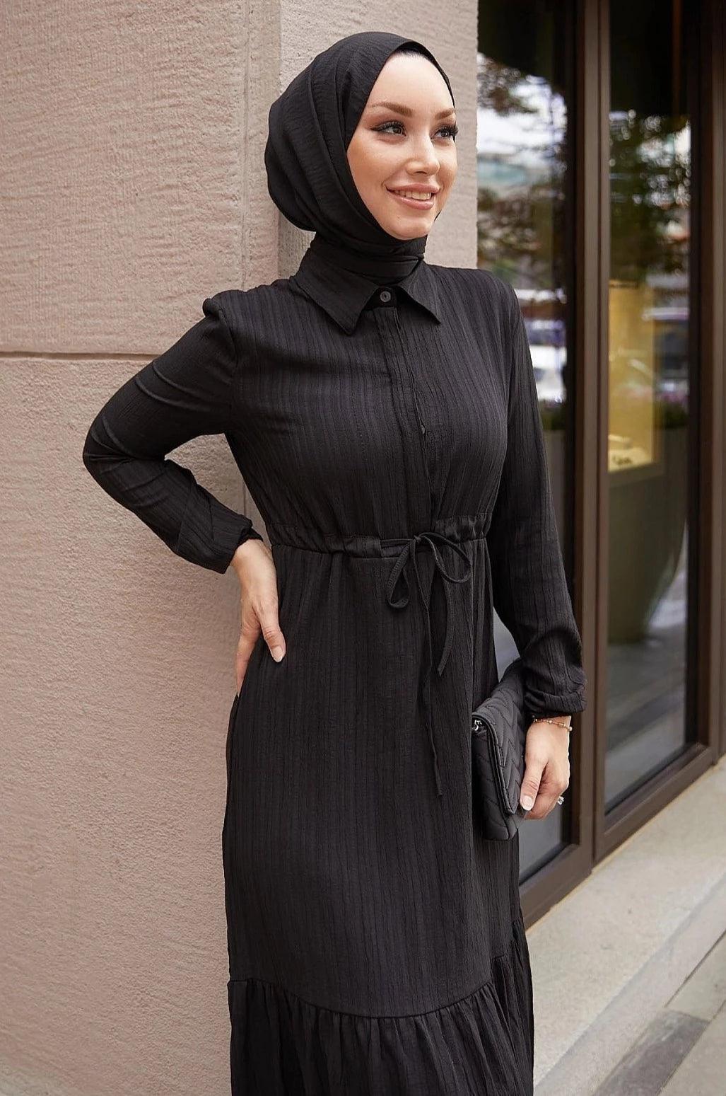 Long Belted Black Abaya Dress With Tunnel Belt