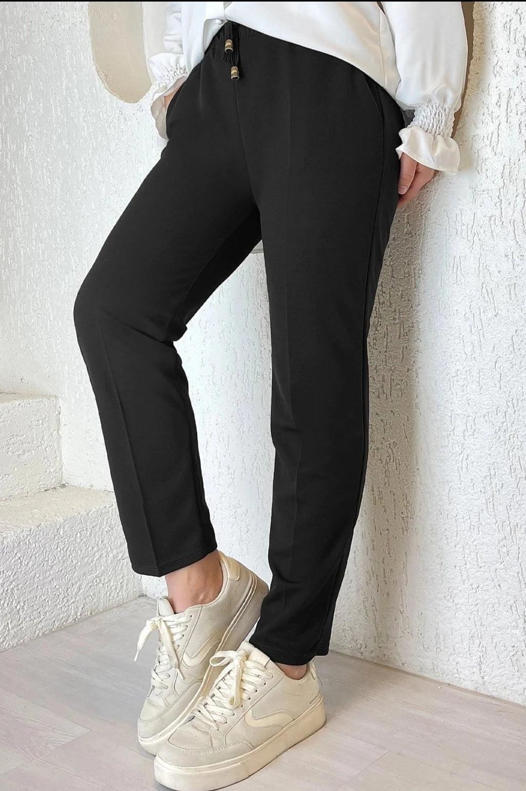 Elastic Waist Double Fabric Pants - Black