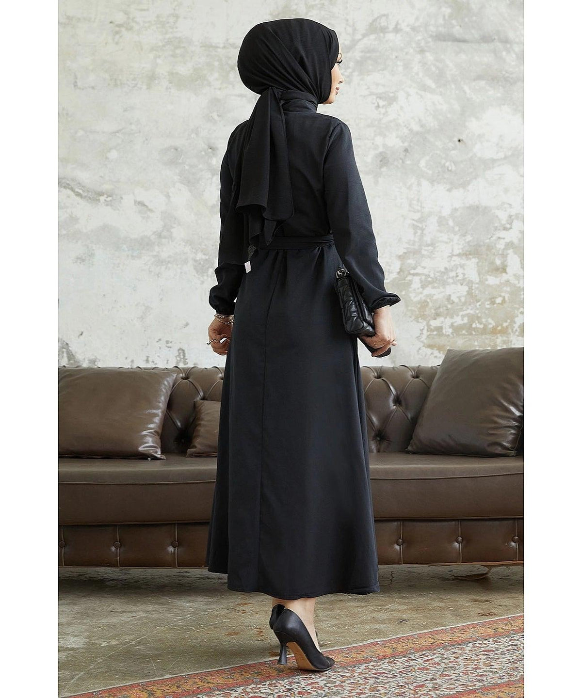 Solid Belted Abaya Dress With Buttons - Black