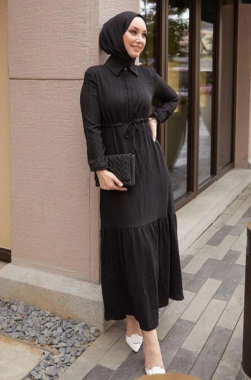 Long Belted Black Abaya Dress With Tunnel Belt