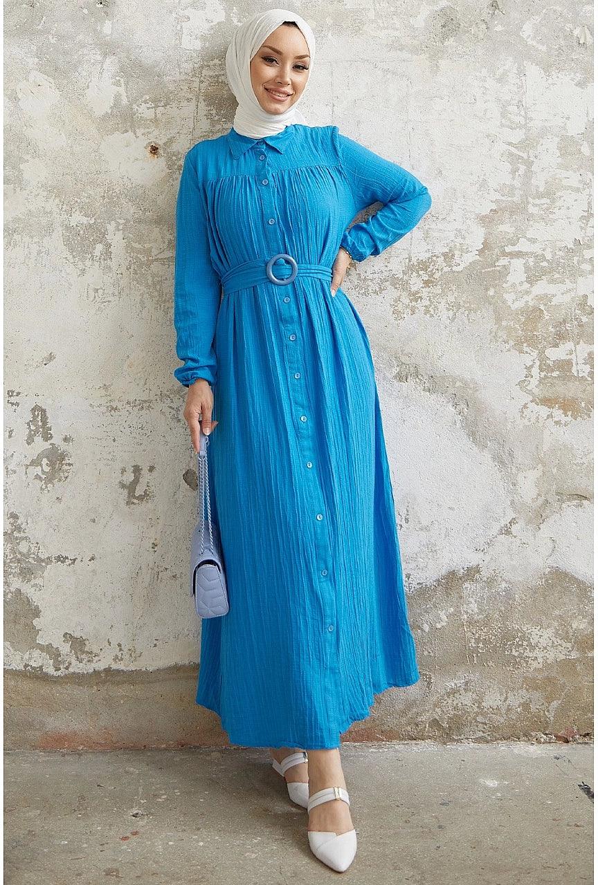 Textured Abaya Dress with Belt and Buttons for Eid Muslim Women