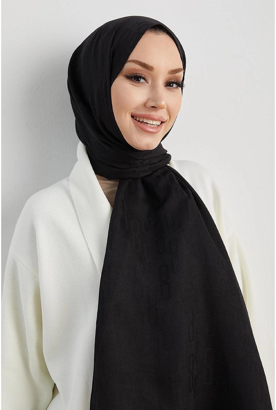 Silky Black Hijab Scarf Shawl with Chain Pattern - Black