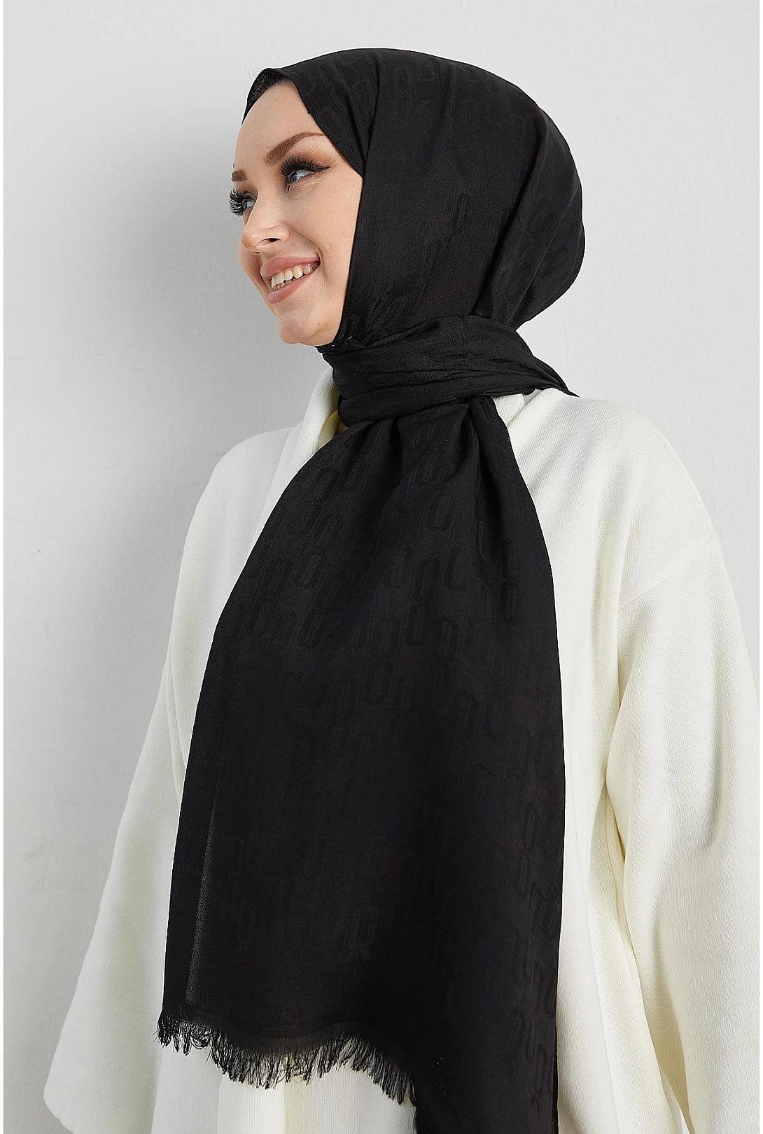 Silky Black Hijab Scarf Shawl with Chain Pattern - Black