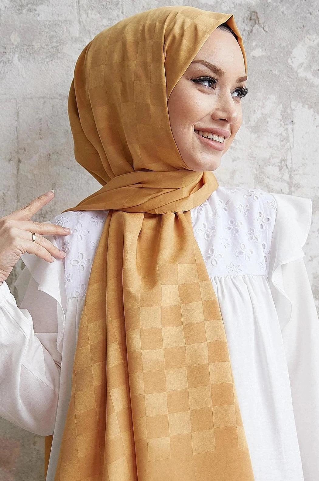 Silky HIjab Scarf Shawl with Checker Pattern - Gold