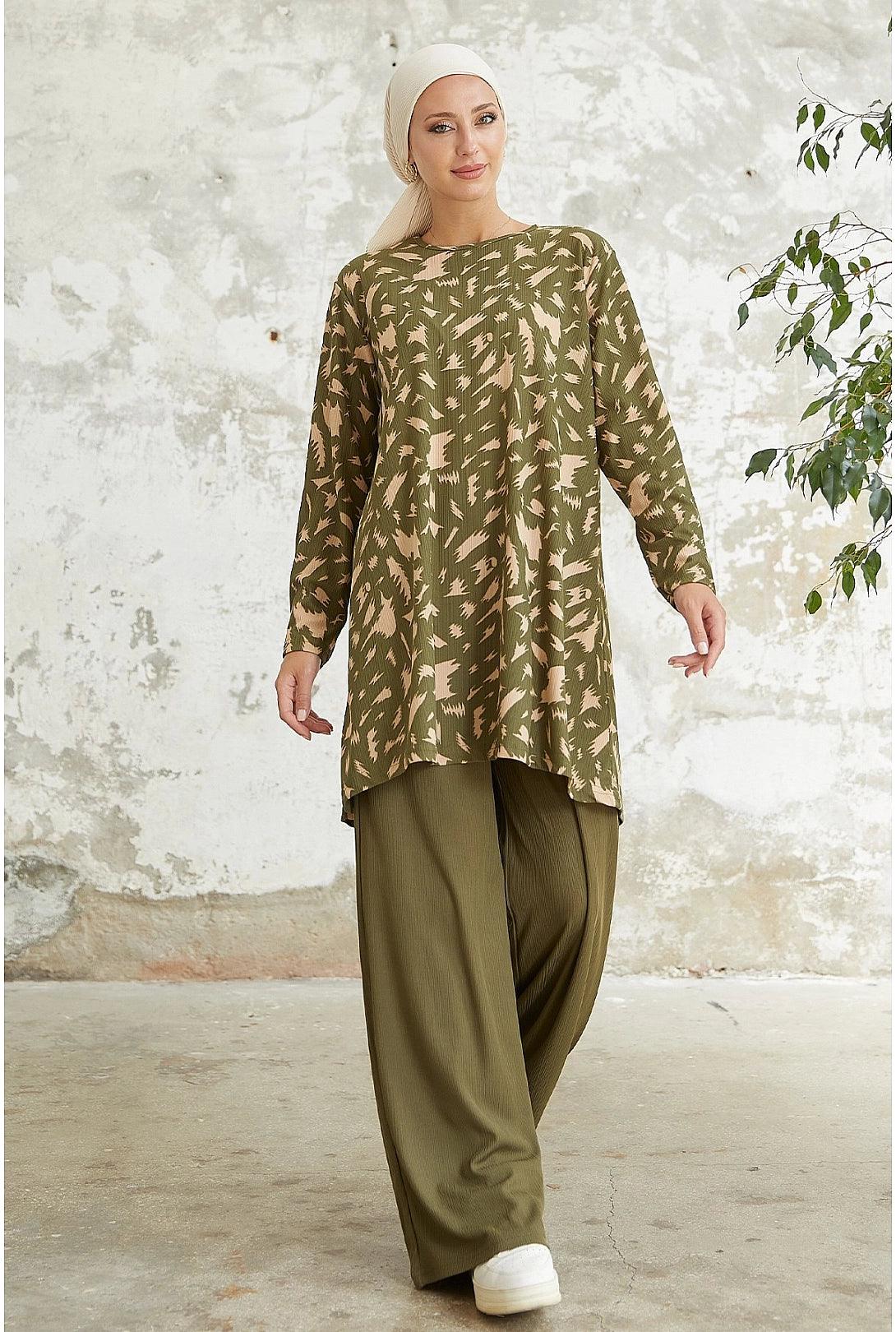 Two-Piece Modest Pant and Blouse Top - Khaki