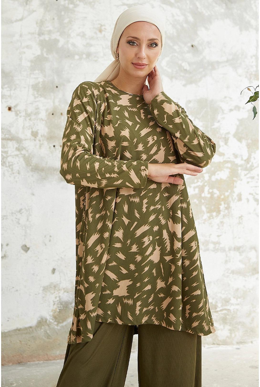 Two-Piece Modest Pant and Blouse Top - Khaki