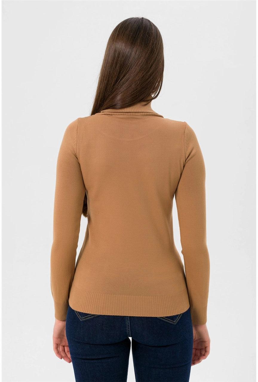 Womens Turtleneck Knitwear Sweater - Camel Brown