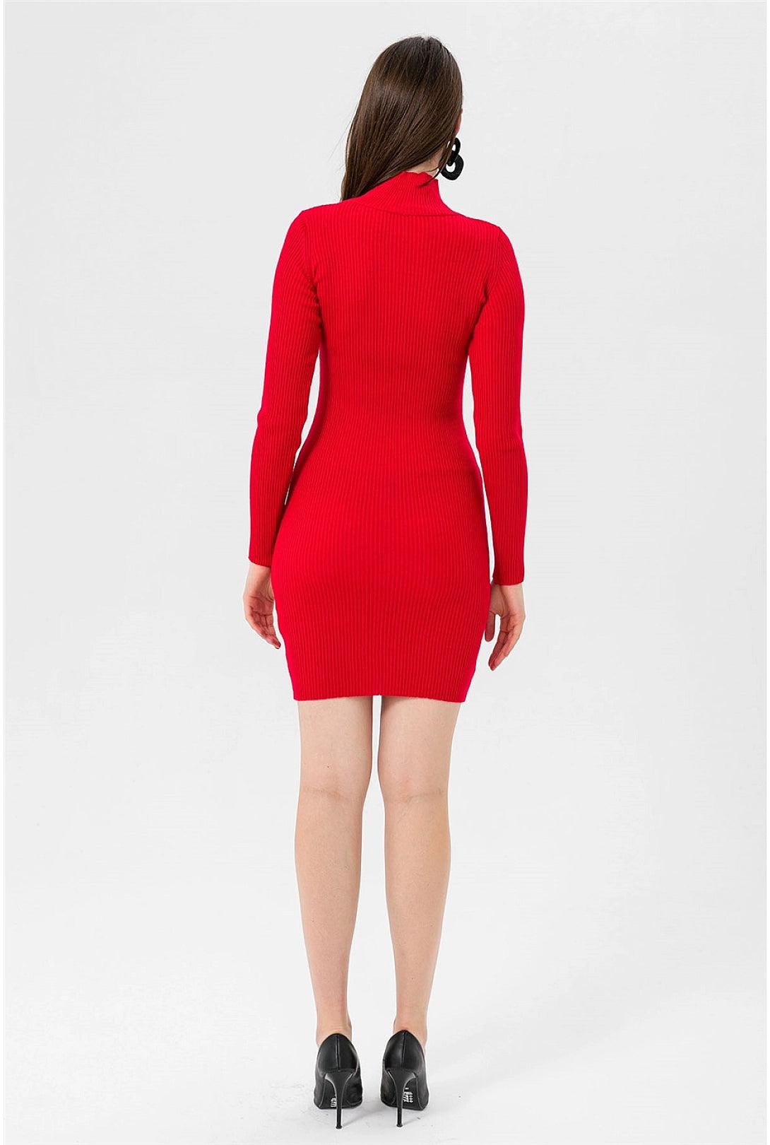 Long Sleeve Knitted Mini Dress for Women - Red