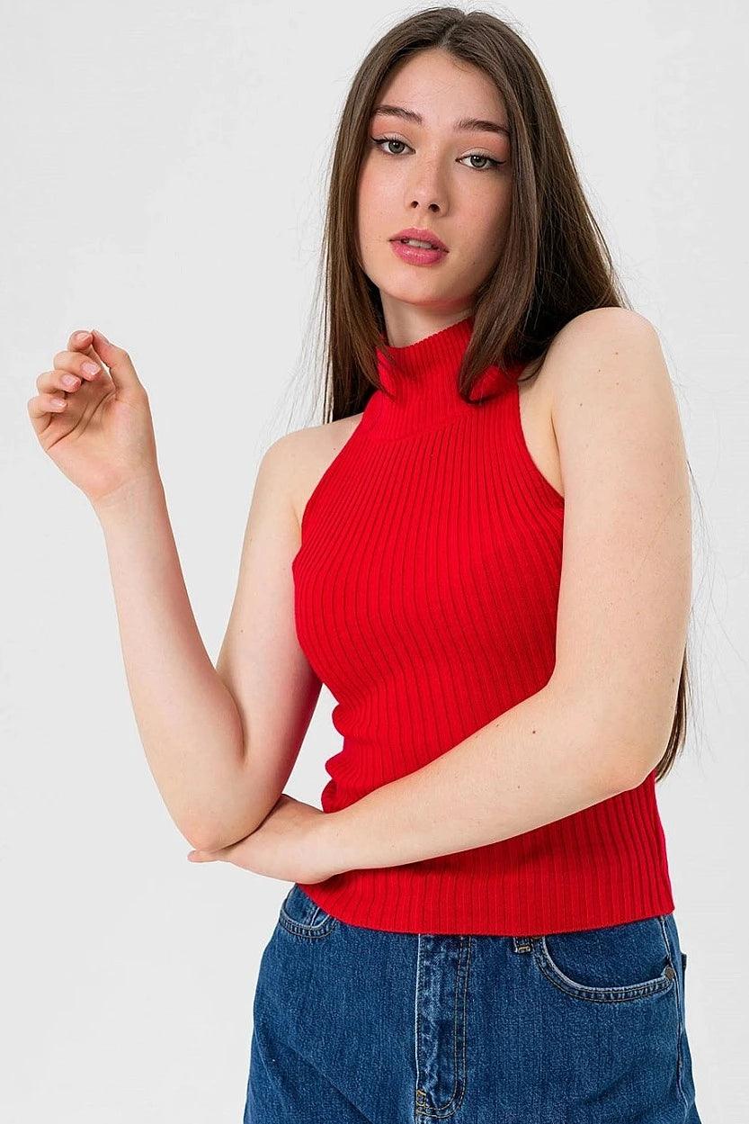 Knitted Sleeveless Turtleneck Sweater - Red