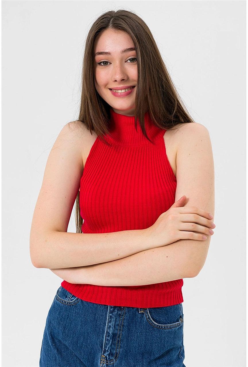 Knitted Sleeveless Turtleneck Sweater - Red