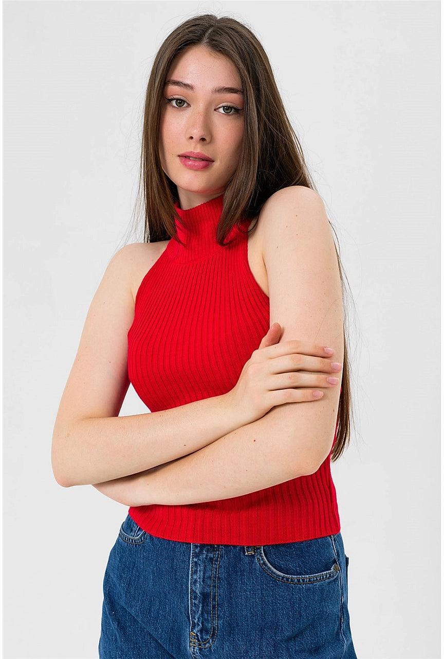 Knitted Sleeveless Turtleneck Sweater - Red