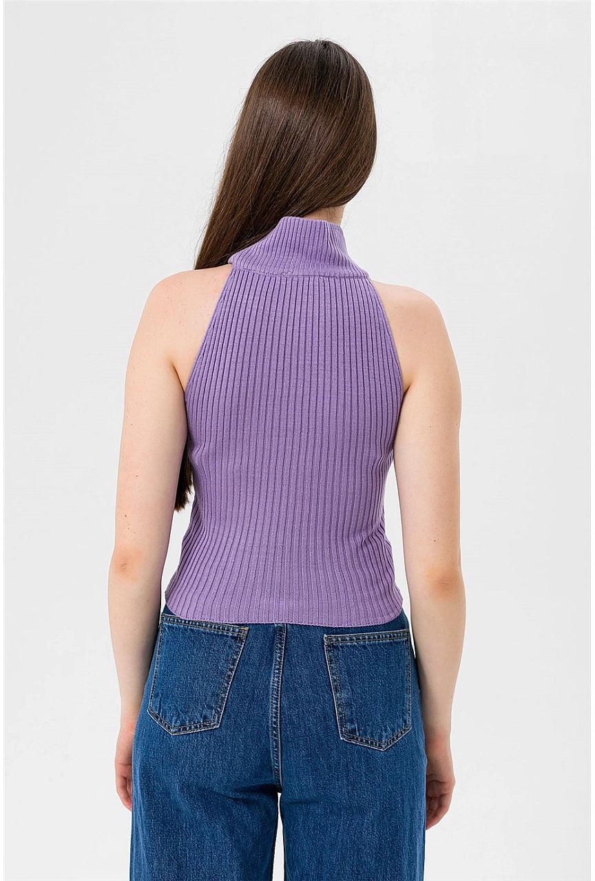 Knitted Sleeveless Turtleneck Sweater - Liliac Purple