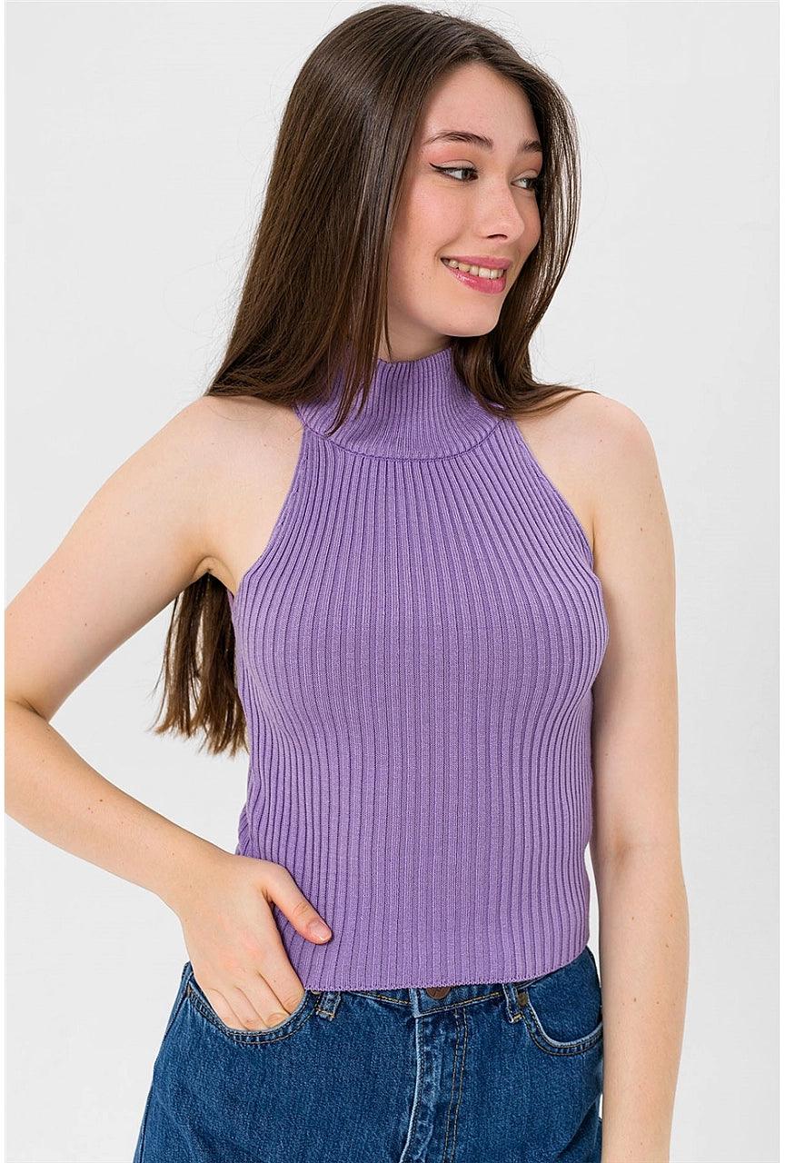 Knitted Sleeveless Turtleneck Sweater - Liliac Purple