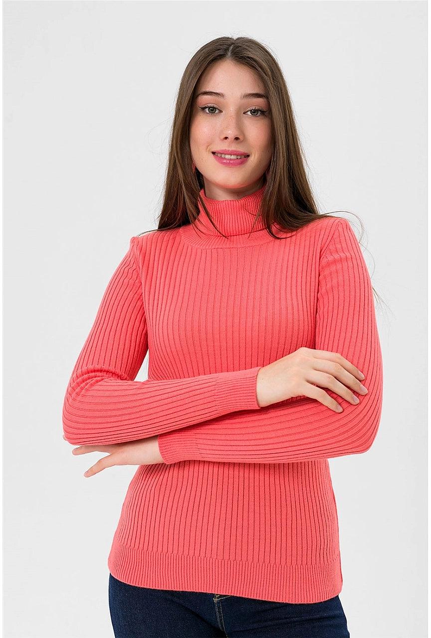 Womens Turtleneck Knitted Sweater - Coral Color
