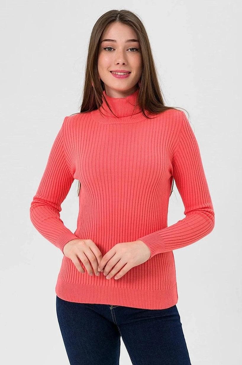 Womens Turtleneck Knitted Sweater - Coral Color