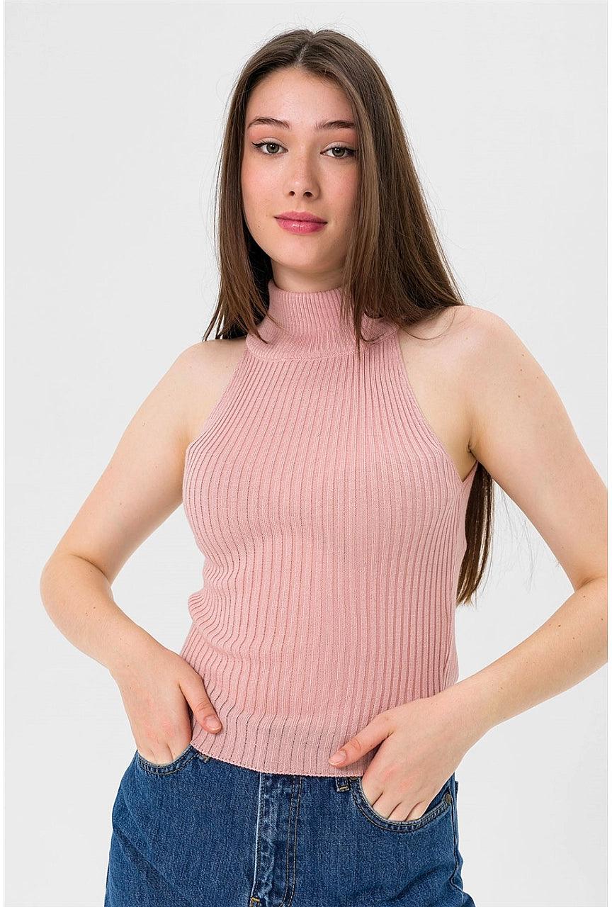 Sleeveless Turtleneck Sweater for Women - Powder Color