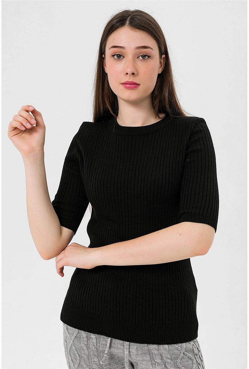 Womens Crew Neck Short Sleeve Knitwear- Black Color