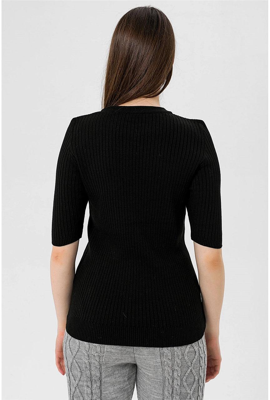 Womens Crew Neck Short Sleeve Knitwear- Black Color