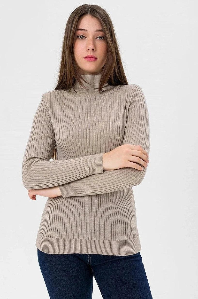 Womens Knitted High Neck Sweater- Stone Color