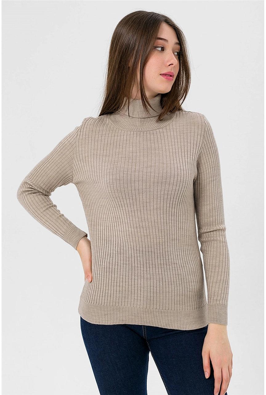 Womens Knitted High Neck Sweater- Stone Color