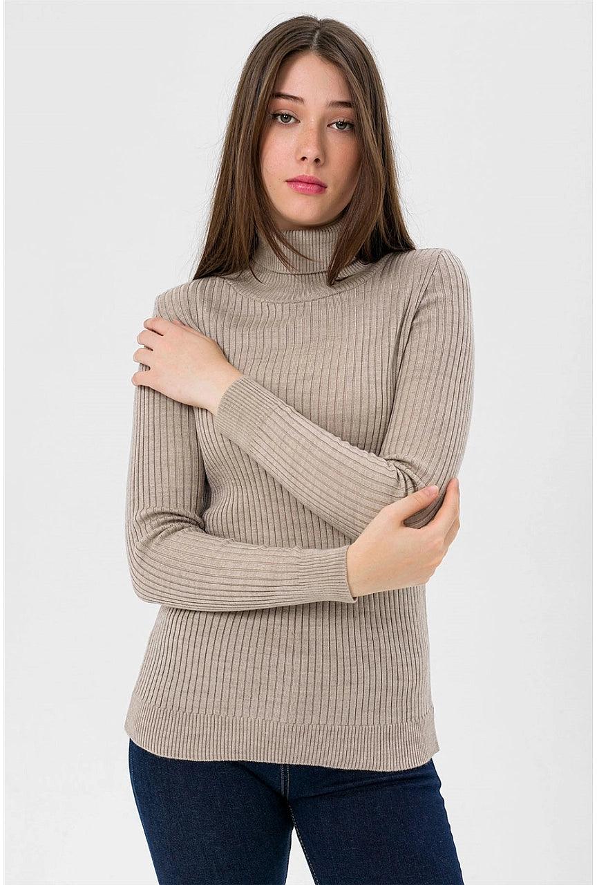 Womens Knitted High Neck Sweater- Stone Color