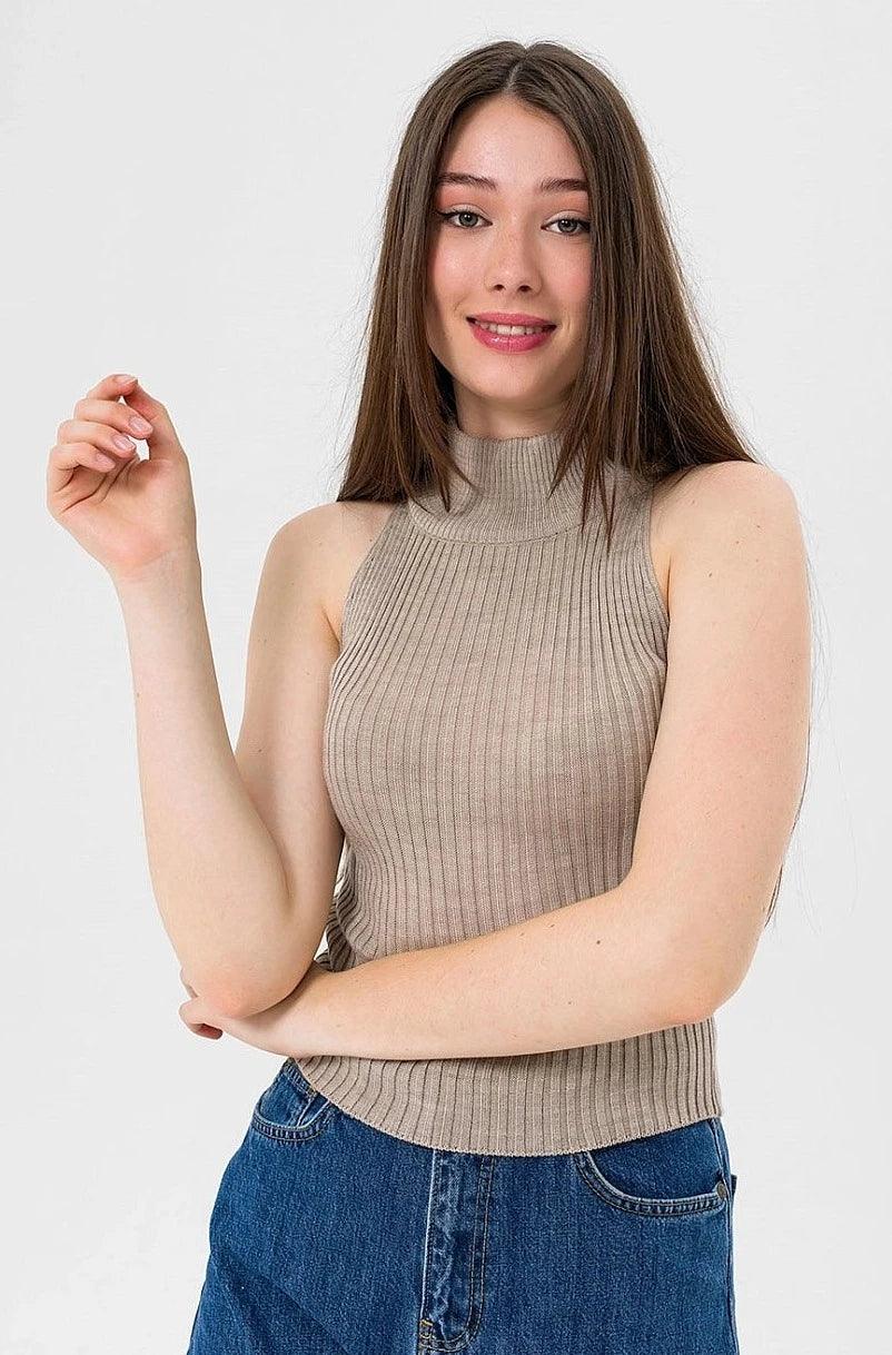 Sleeveless Turtleneck Sweater for Women - Stone Grey