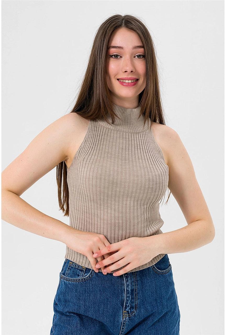 Sleeveless Turtleneck Sweater for Women - Stone Grey