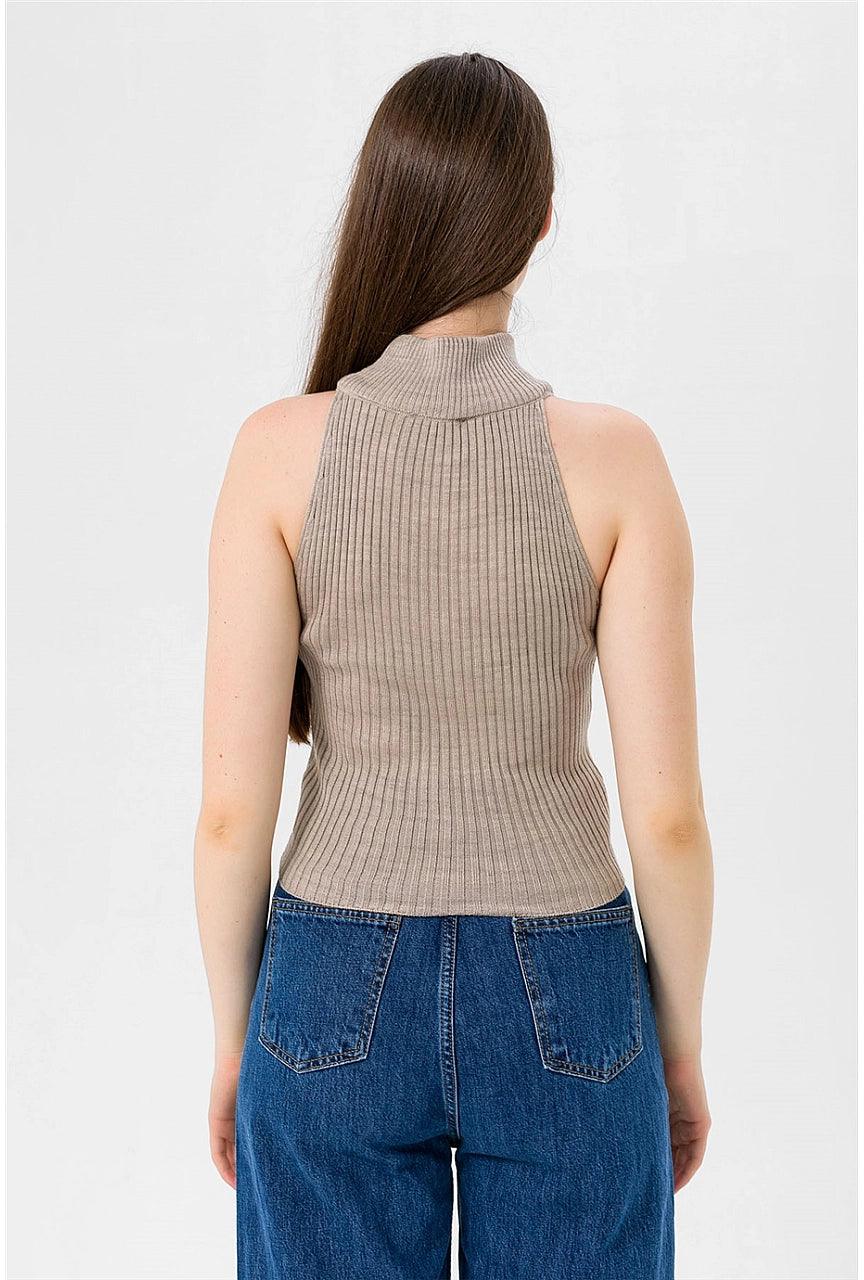 Sleeveless Turtleneck Sweater for Women - Stone Grey