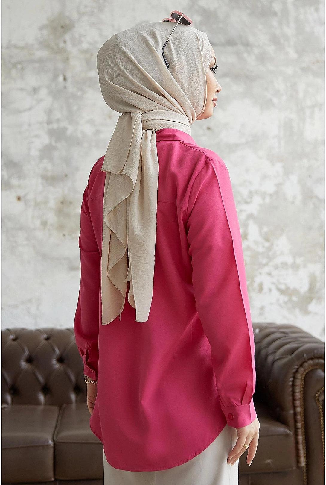 Womens Modest Long Sleeve Collar Shirt - Fuchsia Pink