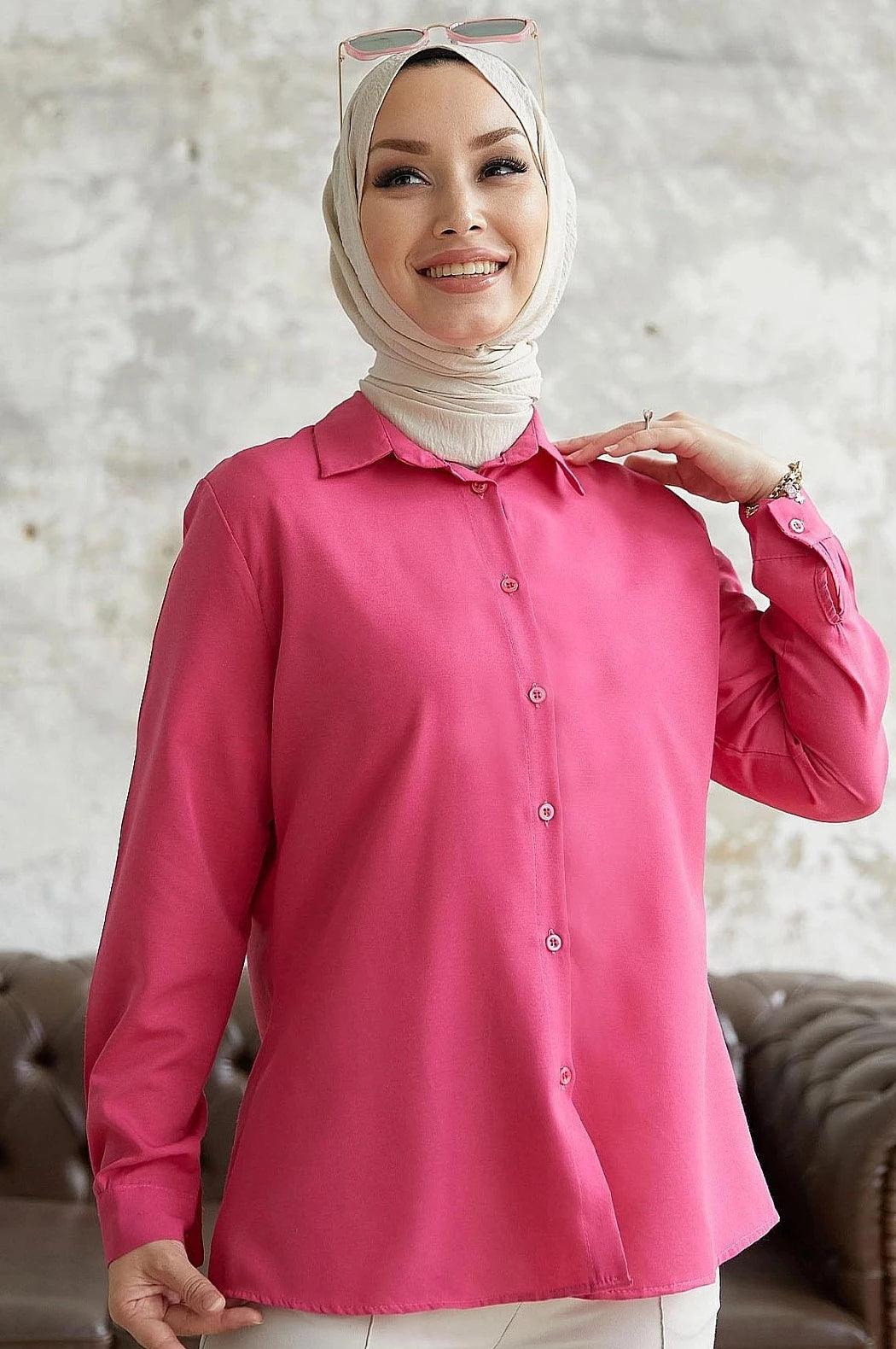 Womens Modest Long Sleeve Collar Shirt - Fuchsia Pink