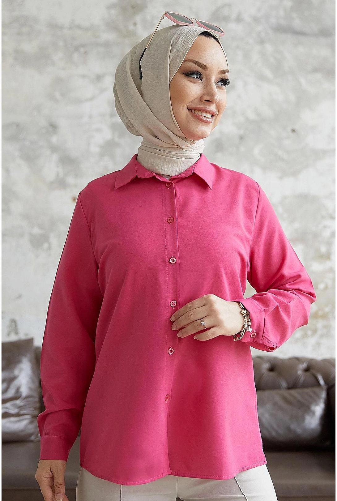 Womens Modest Long Sleeve Collar Shirt - Fuchsia Pink