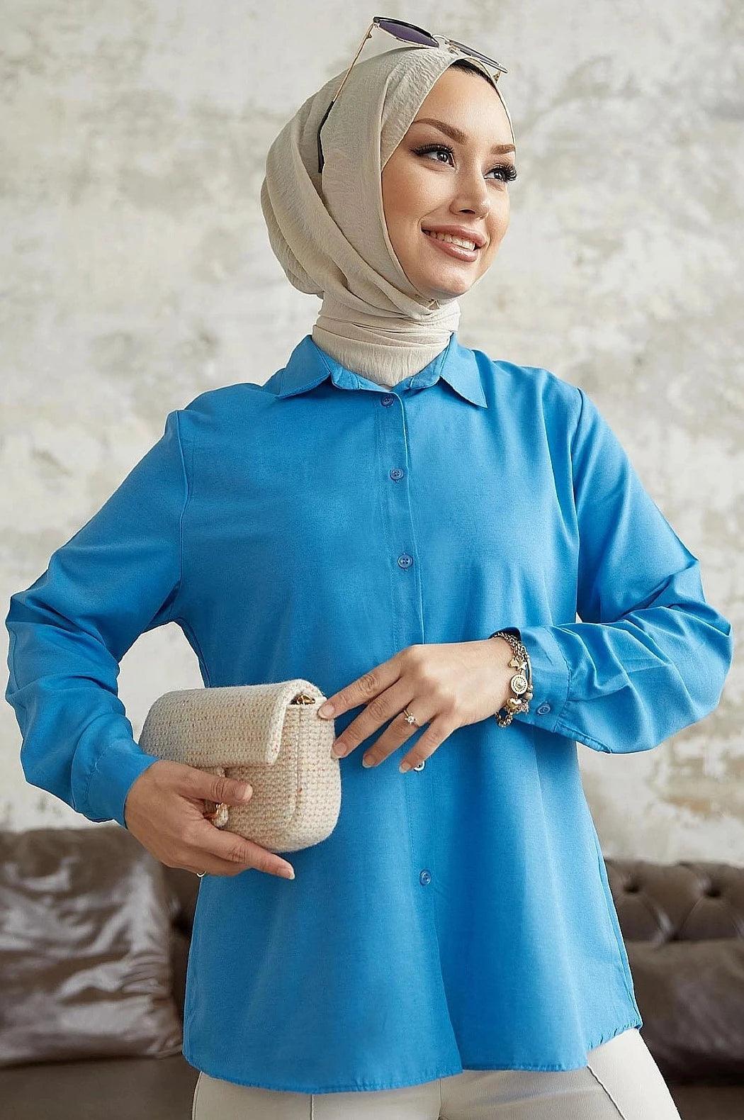 Womens Long Sleeve Modest Collar Shirt - Blue