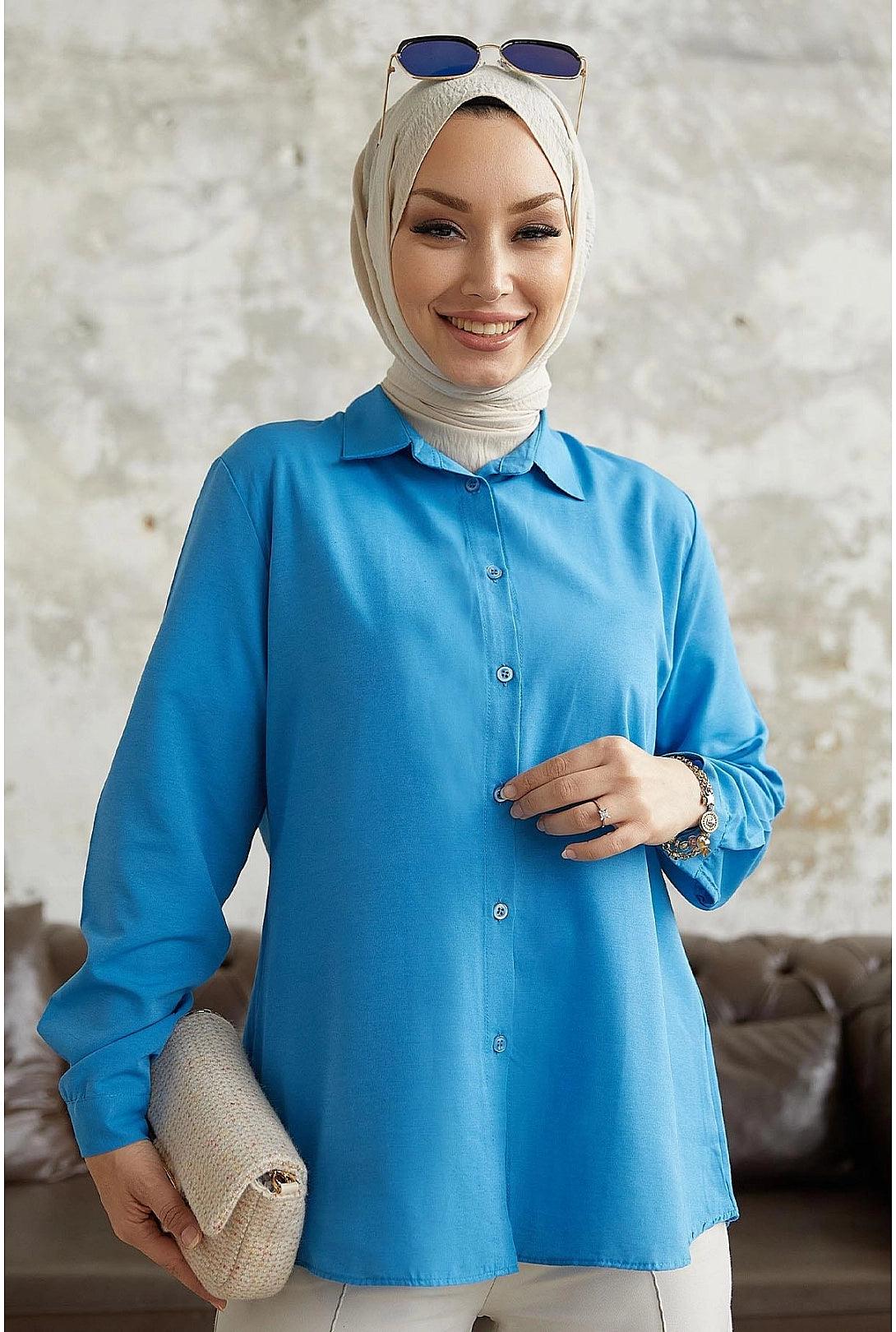 Womens Long Sleeve Modest Collar Shirt - Blue