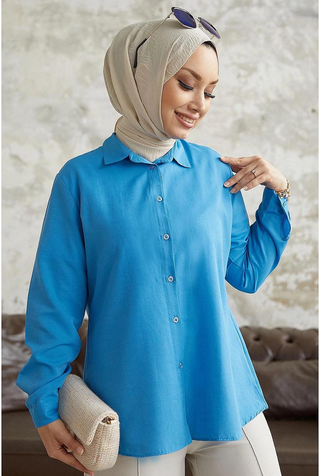 Womens Long Sleeve Modest Collar Shirt - Blue