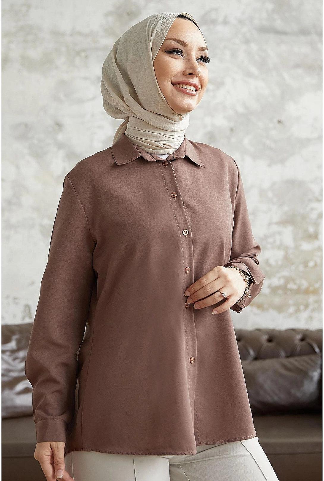 Womens Long Sleeve Basic Modest Shirt - Milky Brown
