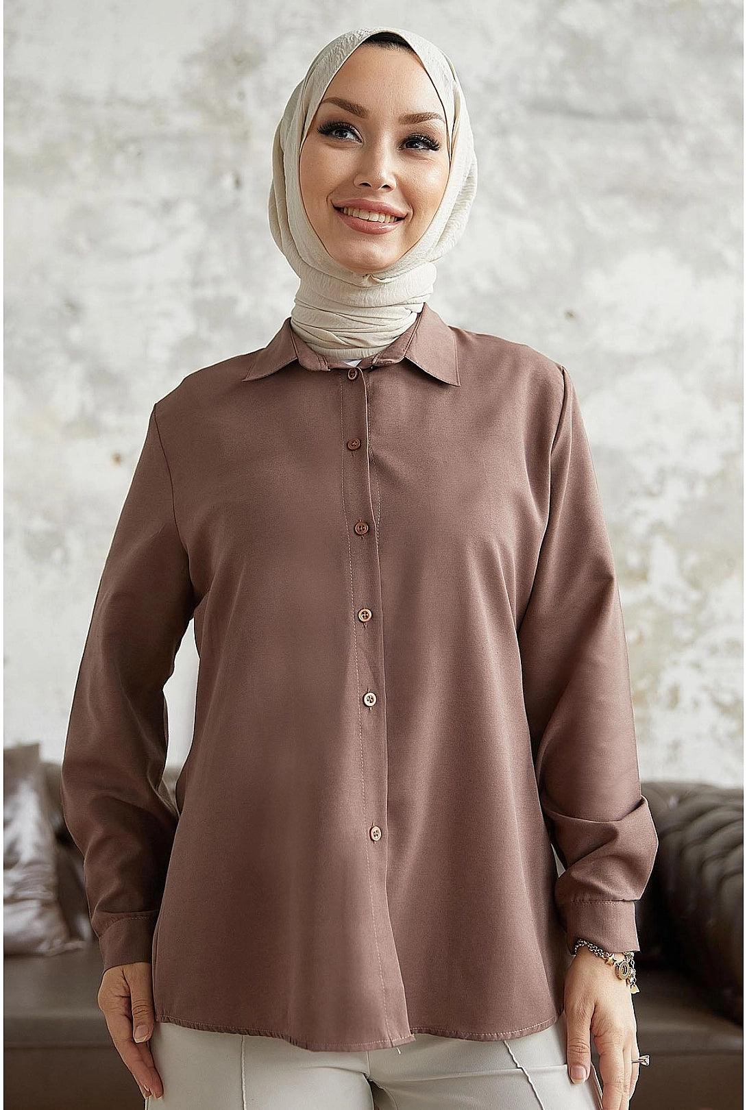 Womens Long Sleeve Basic Modest Shirt - Milky Brown