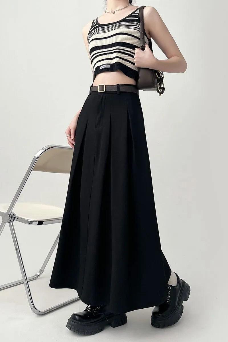 On sale - Pleated Long Waist Modest Skirt - Black - Free