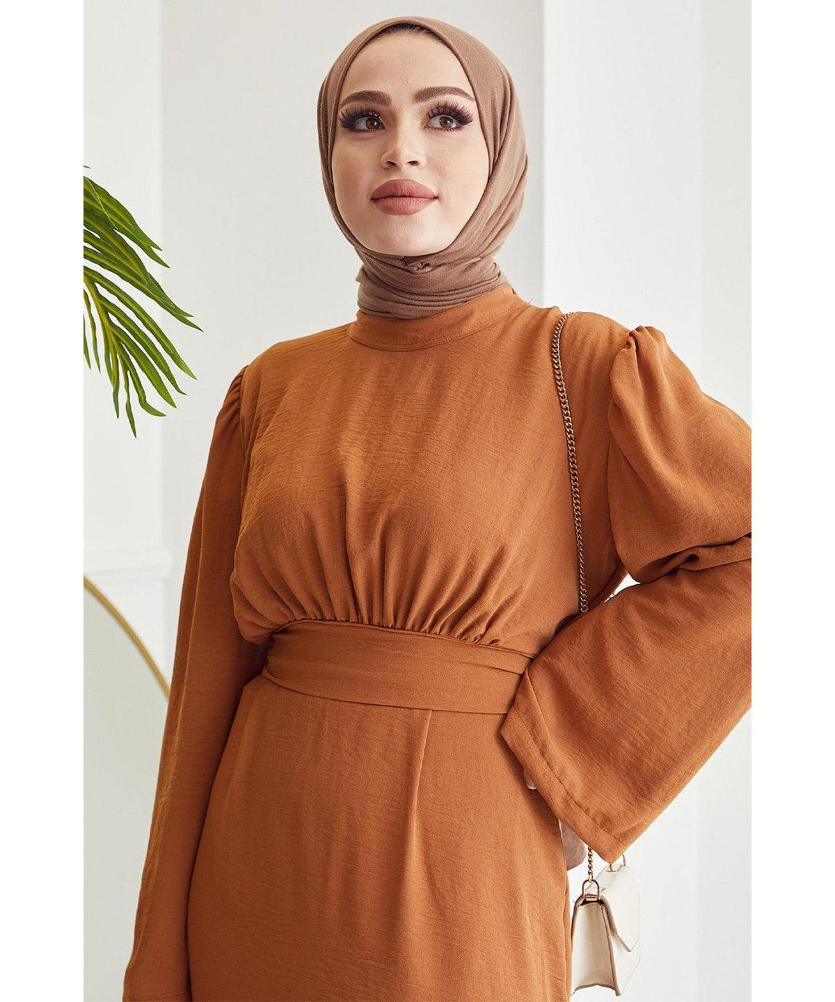 Belted Abaya Dress for Women - Orange
