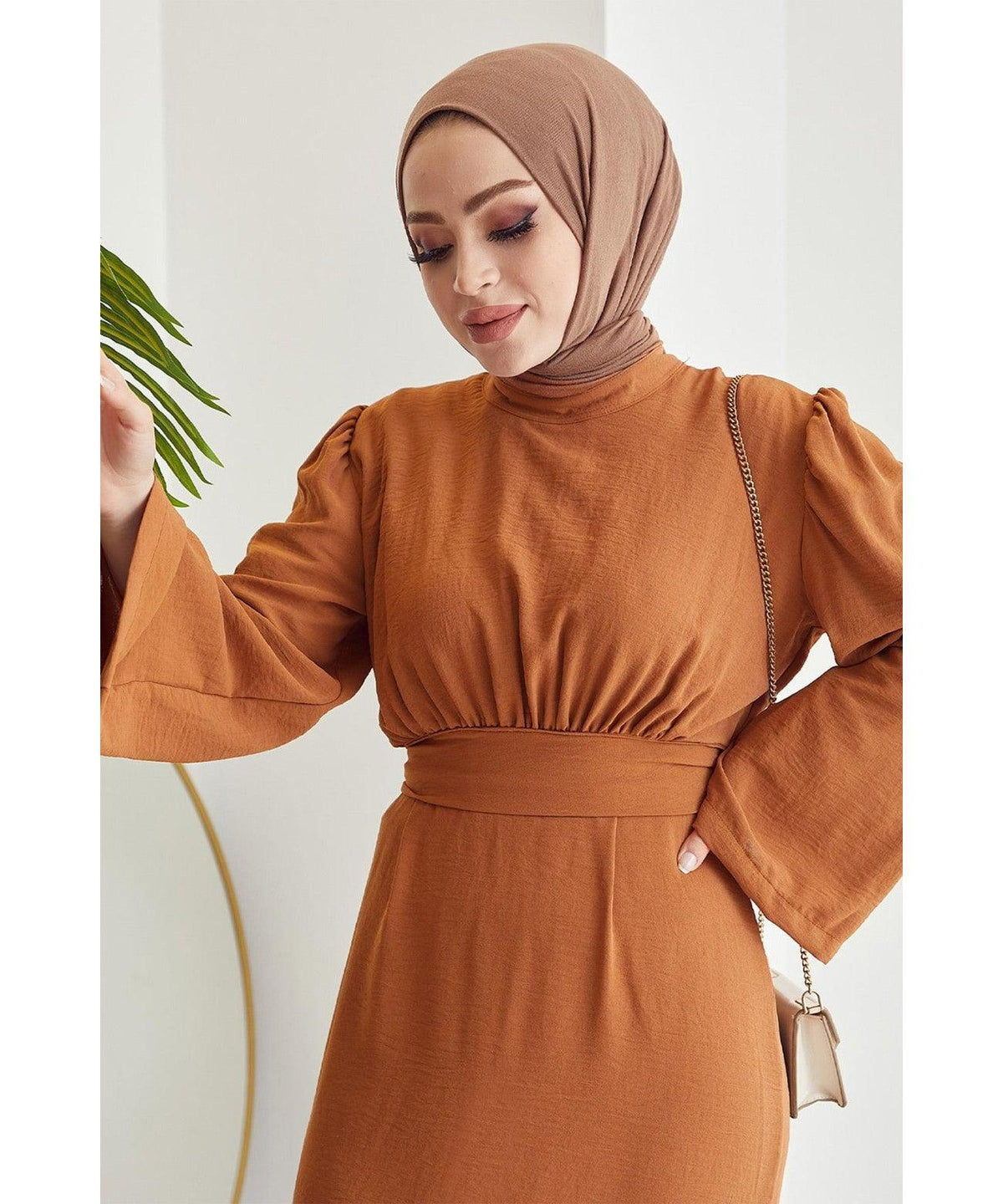 Belted Abaya Dress for Women - Orange