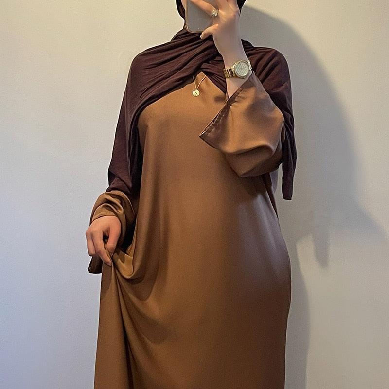 On sale - Satin Solid Color Abaya Dress - 8 Colours - Free